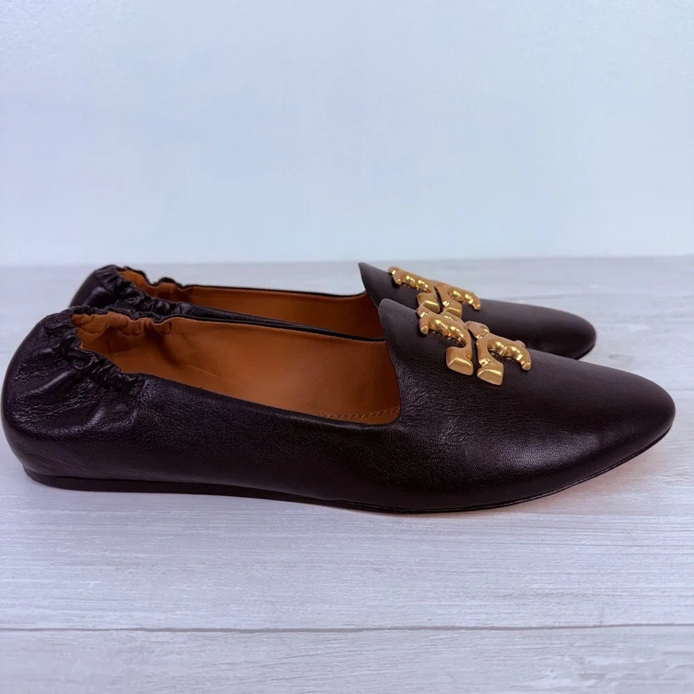 Tory Burch Eleanor Loafers Flats‎ Size 11 Black Leather Gold Logo Classic Chic
